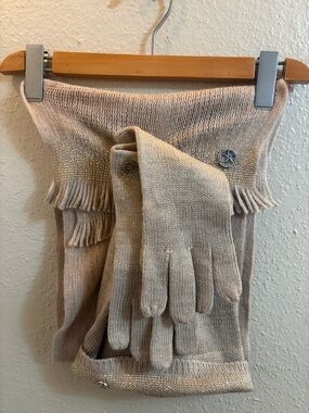 Calvin Klein Light Beige Knit Gloves and Scarf Set with Rhinestone Accent